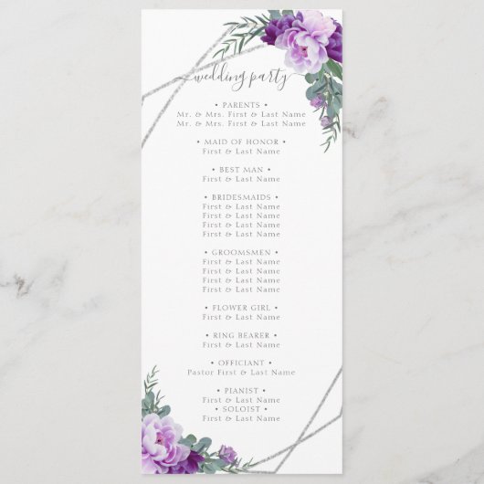 Elegante Moderne Lila und silberne Blumenhochzeit Programm (Rückseite)