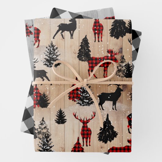 Elegante moderne Lumberjack-Elch karierte Packpfan Geschenkpapier Set (Beispiel)