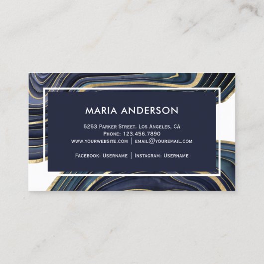 Elegante moderne Marine Blue Gold Agate Geode Gems Visitenkarte (Rückseite)