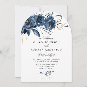 Elegante moderne marineblaue Blumenbogen-Hochzeit Einladung