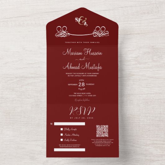 Elegante moderne Minimal Dunkelrot-Islamische Nika All In One Einladung (Innen Boden)