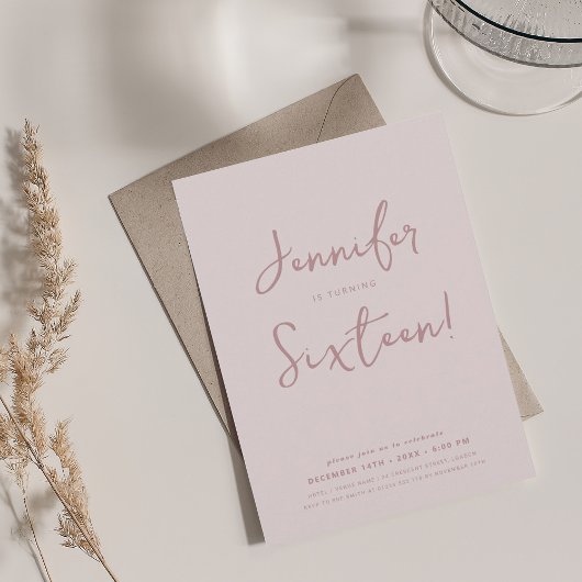 Elegante moderne Minimal Script Sweet 16 Blush Pin Einladung