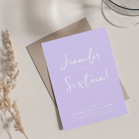 Elegante moderne Minimal Script Sweet 16 Lavender Einladung