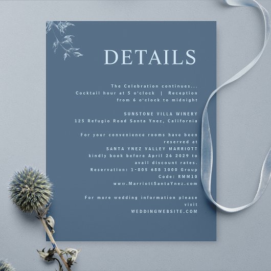Elegante, moderne, minimale Blue Wedding Details Begleitkarte