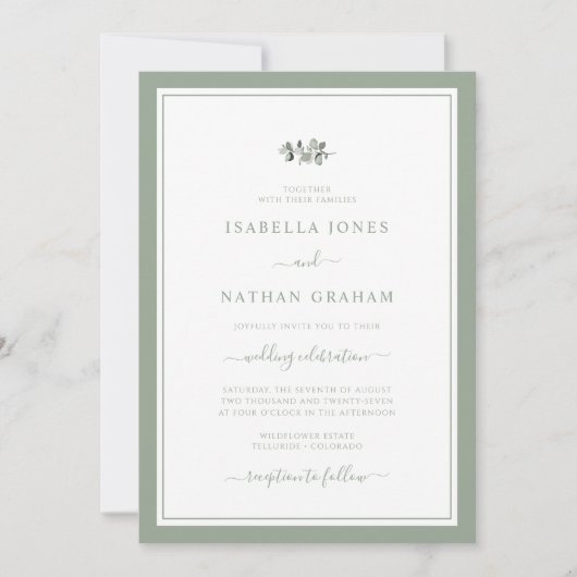 Elegante Moderne Minimalistisch Sage Script Weddin Einladung (Vorderseite)