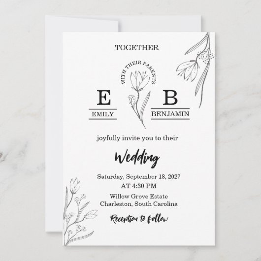 Elegante Moderne Minimalistische Blumen Einfache H Einladung (Vorderseite)