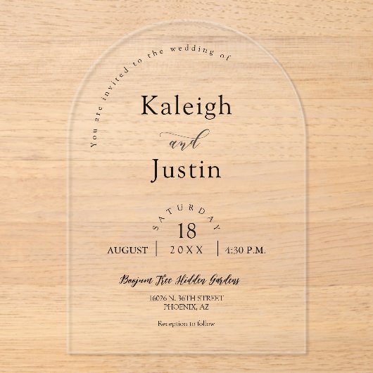 Elegante moderne Minimalistische Boho Arch Wedding Acryleinladungen (Vorderseite)