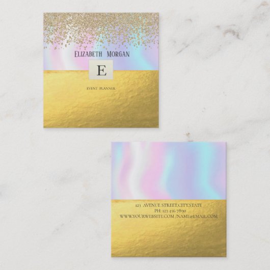 Elegante moderne Monogram Gold Diamonds holographi Quadratische Visitenkarte (Vorne/Hinten)