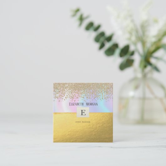 Elegante moderne Monogram Gold Diamonds holographi Quadratische Visitenkarte (Stehend Vorderseite)