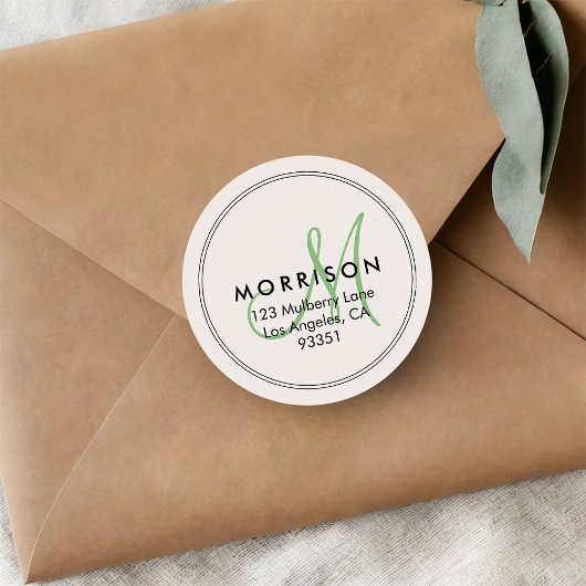 Elegante moderne monogram-grüne Rücksendeadresse Runder Aufkleber