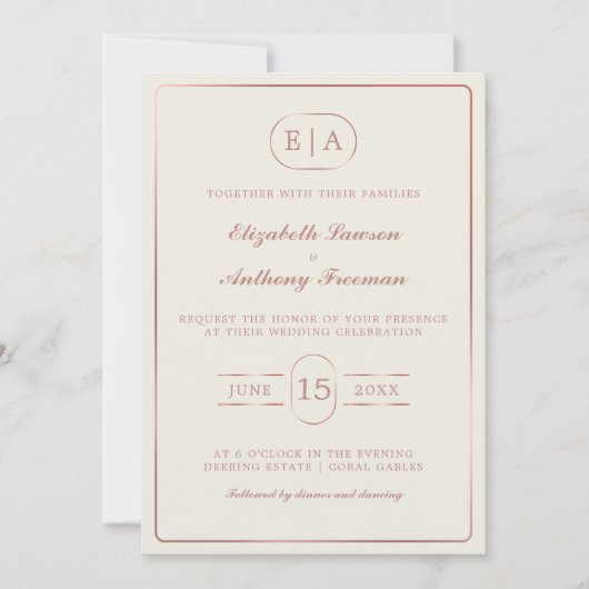 Elegante moderne Monogram Rose Gold Wedding Einladung (Vorderseite)