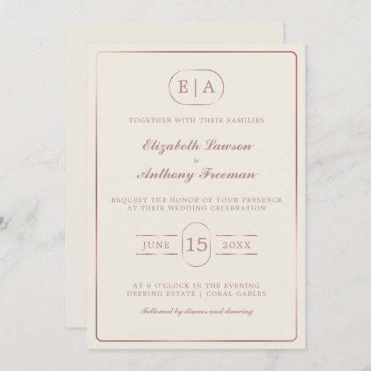 Elegante moderne Monogram Rose Gold Wedding Einladung (Vorne/Hinten)