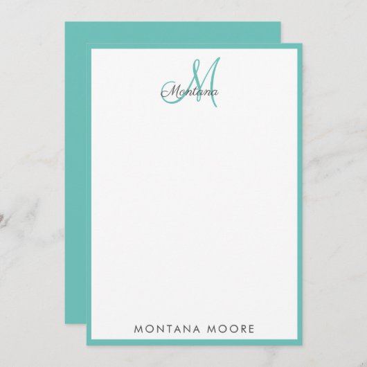 Elegante moderne Monogram Simple Girly Aquamarin N Mitteilungskarte (Vorne/Hinten)