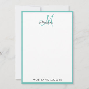 Elegante moderne Monogram Simple Girly Aquamarin N Mitteilungskarte