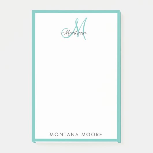 Elegante moderne Monogram Simple Girly Aquamarin Post-it Klebezettel (Vorderseite)