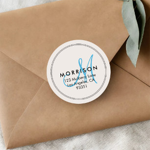 Elegante moderne Monogram Sky Blue Rücksendeadress Runder Aufkleber