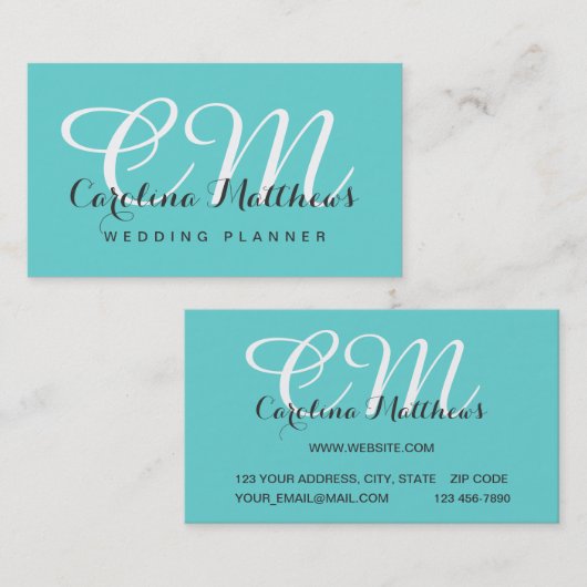 Elegante moderne Monogramm-Aqua-Blau-Visitenkarte Visitenkarte (Vorne/Hinten)