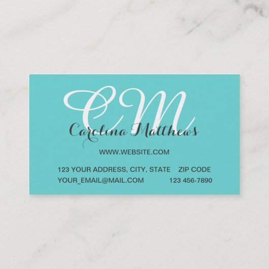 Elegante moderne Monogramm-Aqua-Blau-Visitenkarte Visitenkarte (Rückseite)