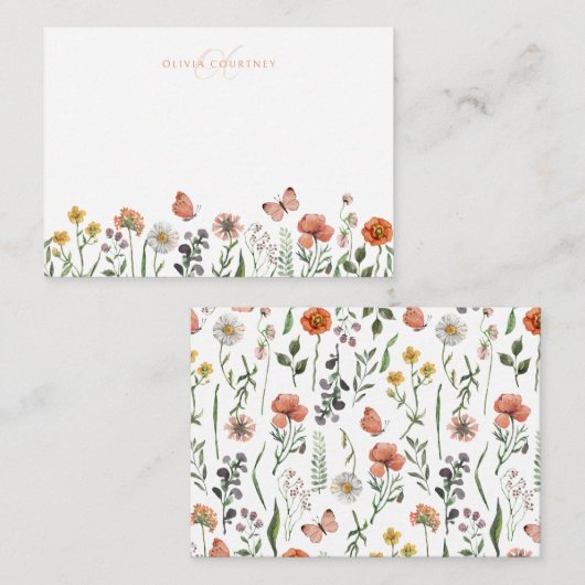 Elegante moderne Monogramm-Aquarellfarben-Wildblum Mitteilungskarte (Vorne/Hinten)