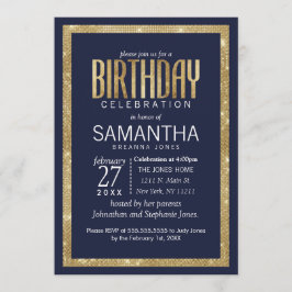 Elegante, moderne Navy Blue Gold Sequin Birthday Einladung