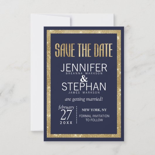Elegante, moderne Navy Blue Gold Sequin Save the D Date (Vorderseite)