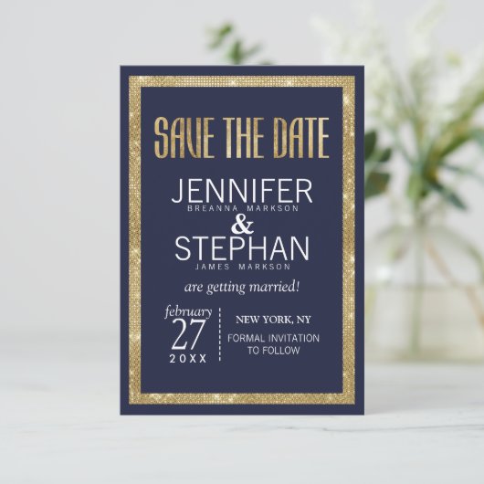 Elegante, moderne Navy Blue Gold Sequin Save the D Date (Stehend Vorderseite)