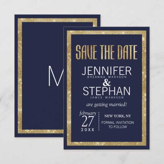 Elegante, moderne Navy Blue Gold Sequin Save the D Date (Vorne/Hinten)