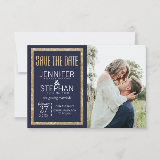 Elegante, moderne Navy Blue Gold Sequin Save the D Date (Vorderseite)