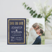 Elegante, moderne Navy Blue Gold Sequin Save the D Date (Stehend Vorderseite)