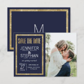 Elegante, moderne Navy Blue Gold Sequin Save the D Date (Vorne/Hinten)