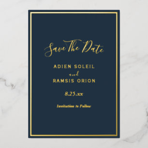 Elegante moderne Navy-Goldfolie-Save-the-Date-Kart Folieneinladung