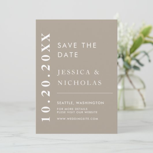 Elegante Moderne Olive Gray Minimalistische Hochze Save The Date (Stehend Vorderseite)