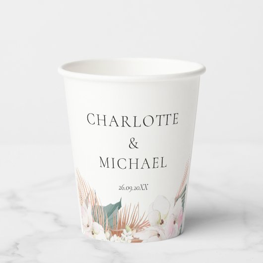 Elegante moderne Pampasgras-Blume Hochzeit Pappbecher (Rückseite)