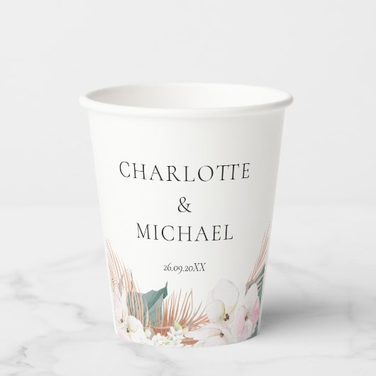 Elegante moderne Pampasgras-Blume Hochzeit Pappbecher (Vorderseite)