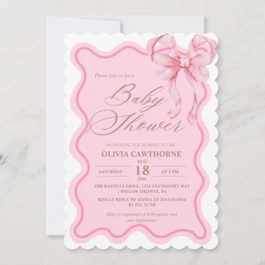 Elegante moderne Pink Bow Babydusche Einladung (Vorderseite)