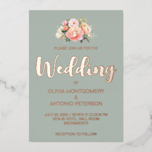 Elegante Moderne Pink Peony Light Sage Wedding Folieneinladung