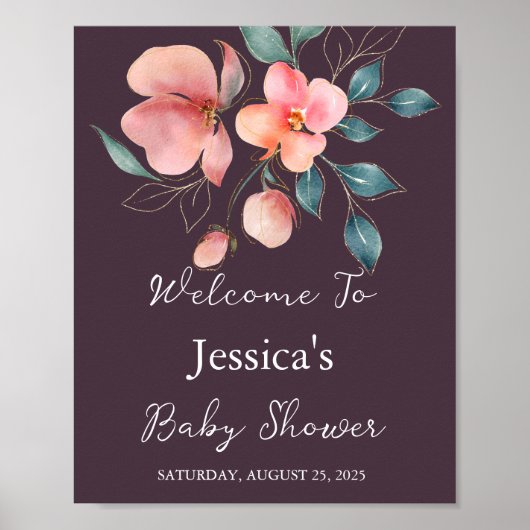 Elegante moderne Pink- und Gold Floral Baby Dusche Poster (Vorne)
