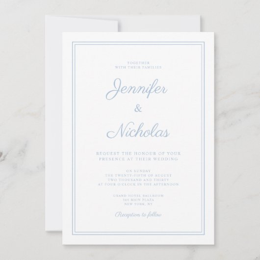 Elegante moderne Powder Blue Script Hochzeit Einladung (Vorderseite)