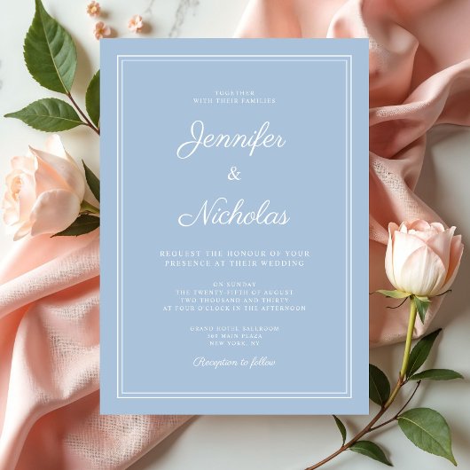 Elegante moderne Powder Blue Script Hochzeit Einladung
