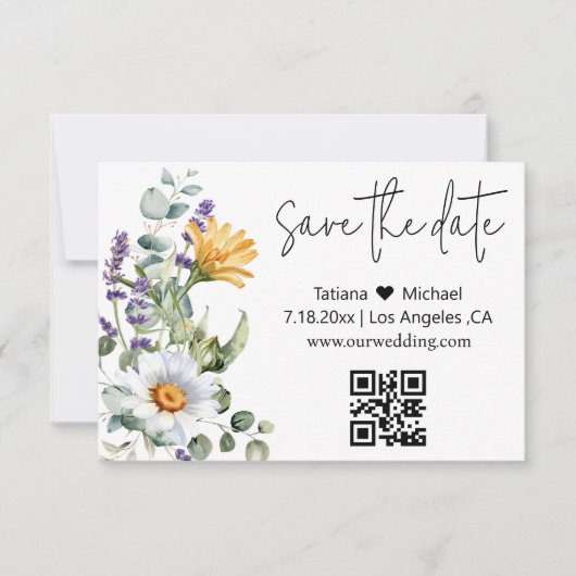 elegante moderne QL-Code-Aquarell-Wildblumen Save The Date (Vorderseite)