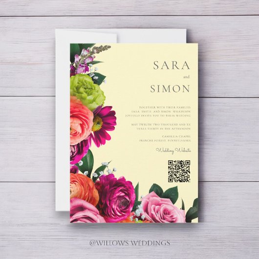 elegante, moderne QR-Code Blumenhochzeit Einladung