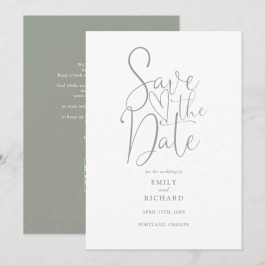 Elegante moderne QR Code Sage Green Wedding Save The Date (Vorne/Hinten)