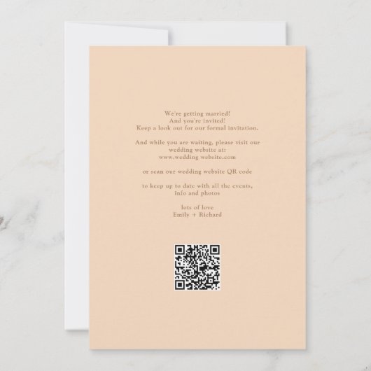 Elegante moderne QR Code Soft Peach Hochzeit Save The Date (Rückseite)
