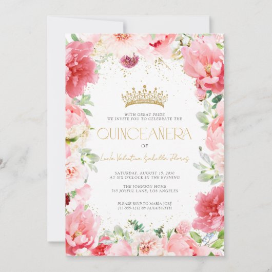 Elegante moderne QR Rosa Flora Gold Quinceñera Einladung (Vorderseite)