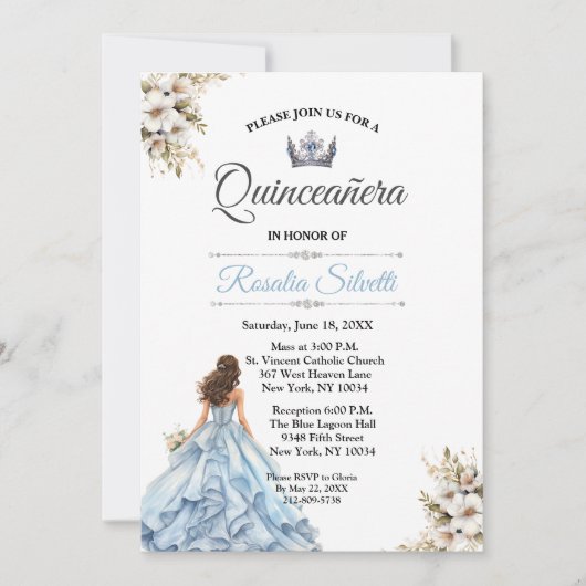 Elegante Moderne Quinceanera Blau und Silber Einladung (Vorderseite)