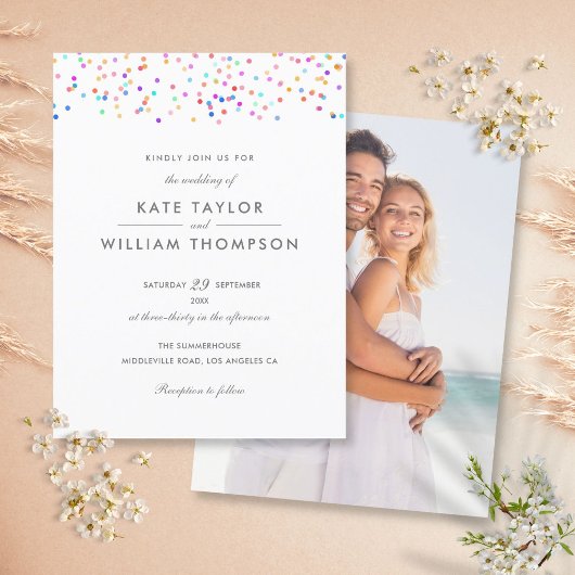 Elegante Moderne Rainbow Confetti Foto Wedding Einladungspostkarte