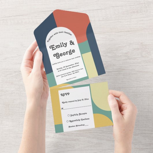 Elegante Moderne Retro Abstrakte Kunst Hochzeit All In One Einladung (Abreißen)