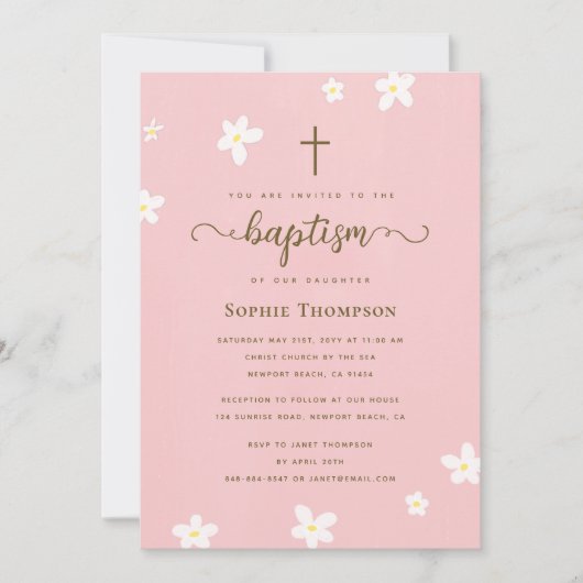 Elegante moderne, rosa Daisy-religiöse Taufe Einladung (Vorderseite)