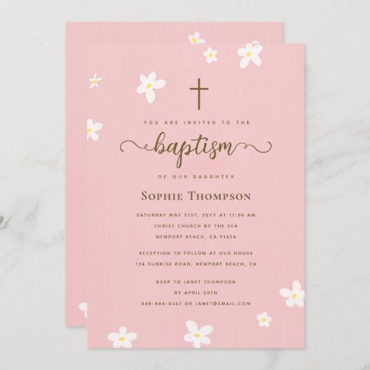 Elegante moderne, rosa Daisy-religiöse Taufe Einladung (Vorne/Hinten)