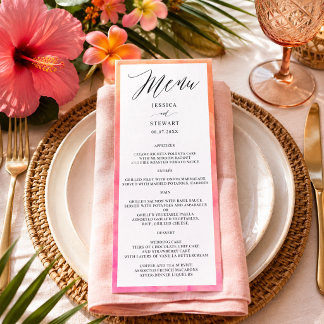 Elegante moderne rosa-orange Aquarell-Hochzeit Menükarte